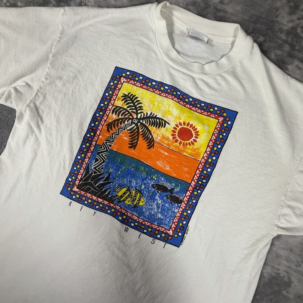Vtg Hanes Beefy T Shirt Mens XL White Key West Florida 90s Single Stitch Graphic